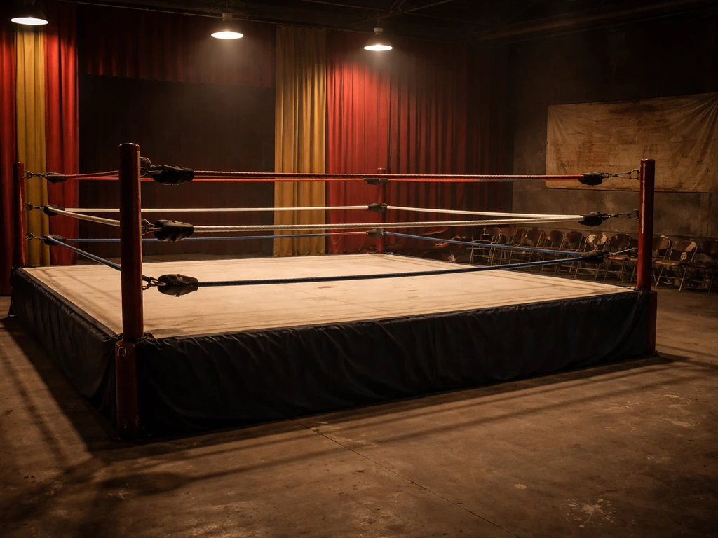 Empty vintage wrestling ring in a warm Texas arena with worn banners and no readable text