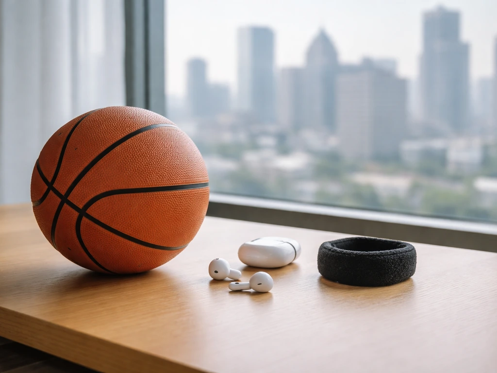 Clean, symbolic sports-to-pro finance scene: basketball near a quiet desk with a headset and city skyline view.