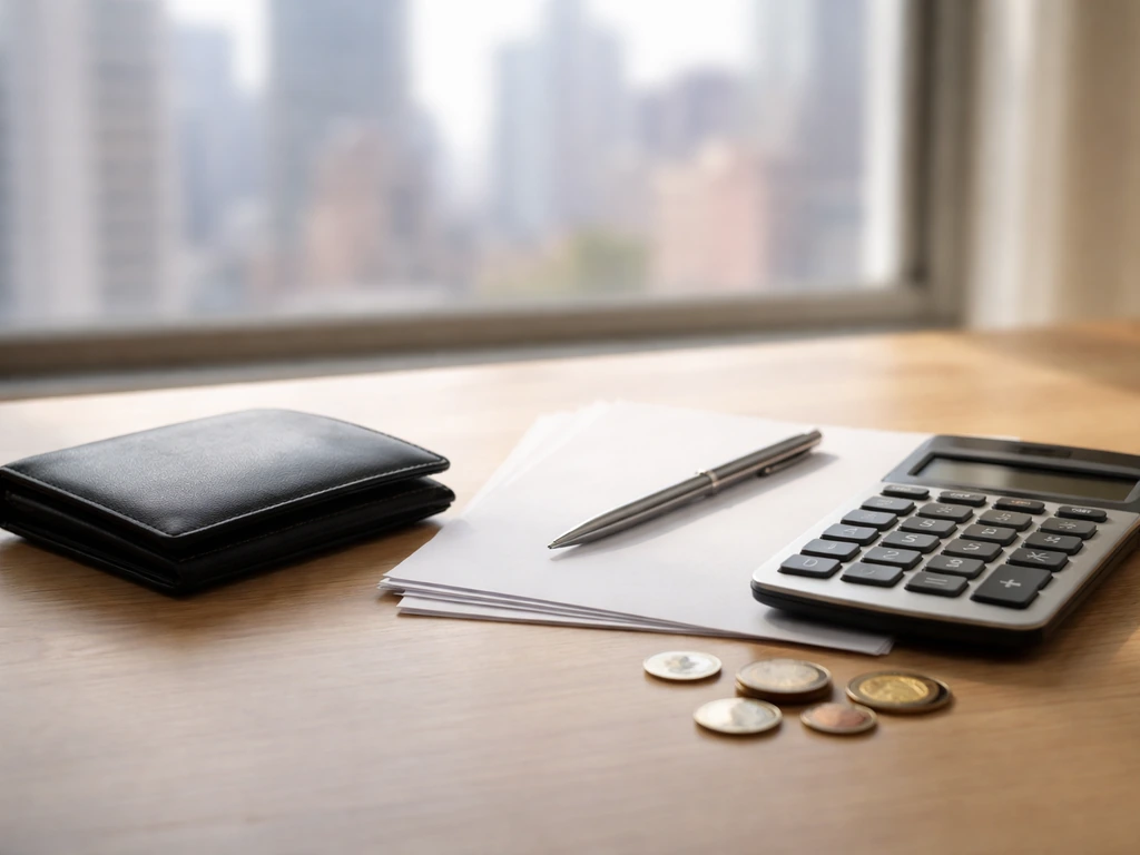 Minimal photo of a tidy desk with papers, a calculator, and a closed wallet symbolizing earning deductions and net worth