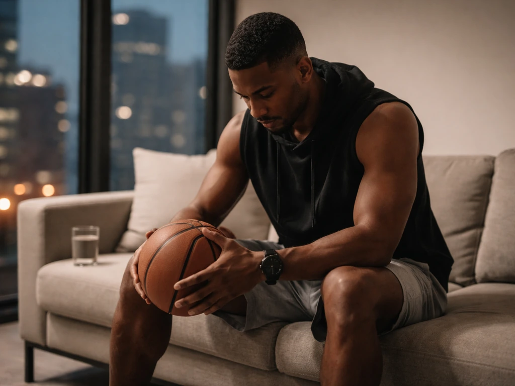 Basketball player-style figure in a quiet lounge beside a window, neutral atmosphere suggesting limited public reporting