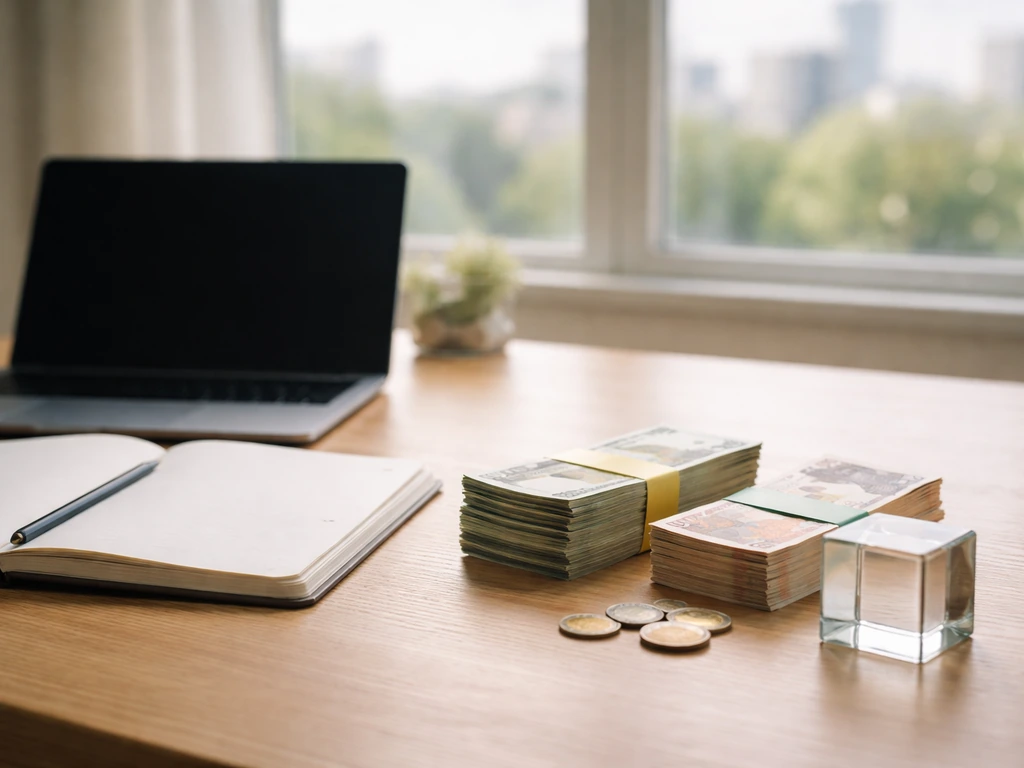 Minimal desk scene with euro coins and two money stacks suggesting a net worth range.