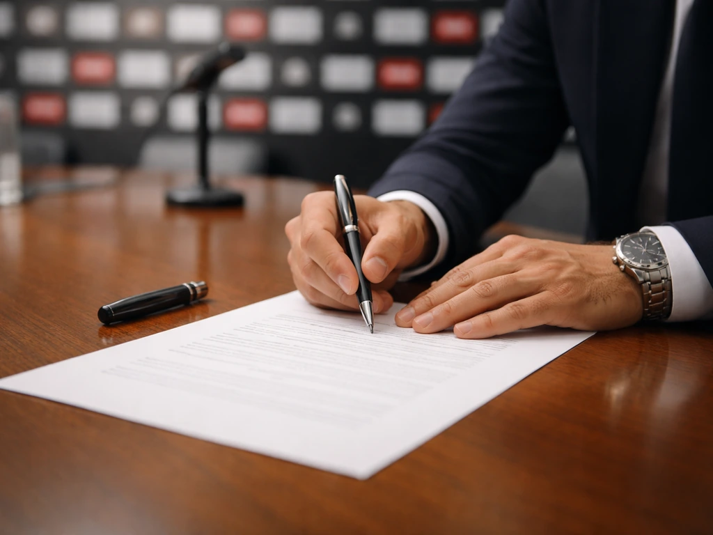 Anonymous hands signing a generic contract on a desk with a blurred press microphone behind.