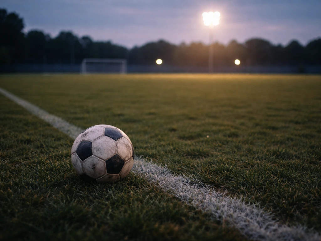 Empty soccer pitch at dusk with a worn ball near the sideline.