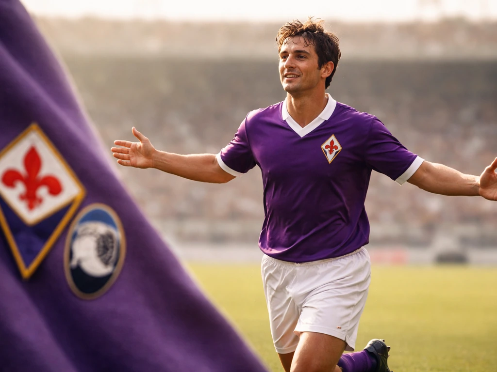 Josip Iličić in vintage Fiorentina/Atalanta match action with blurred club crests on a simple jersey backdrop