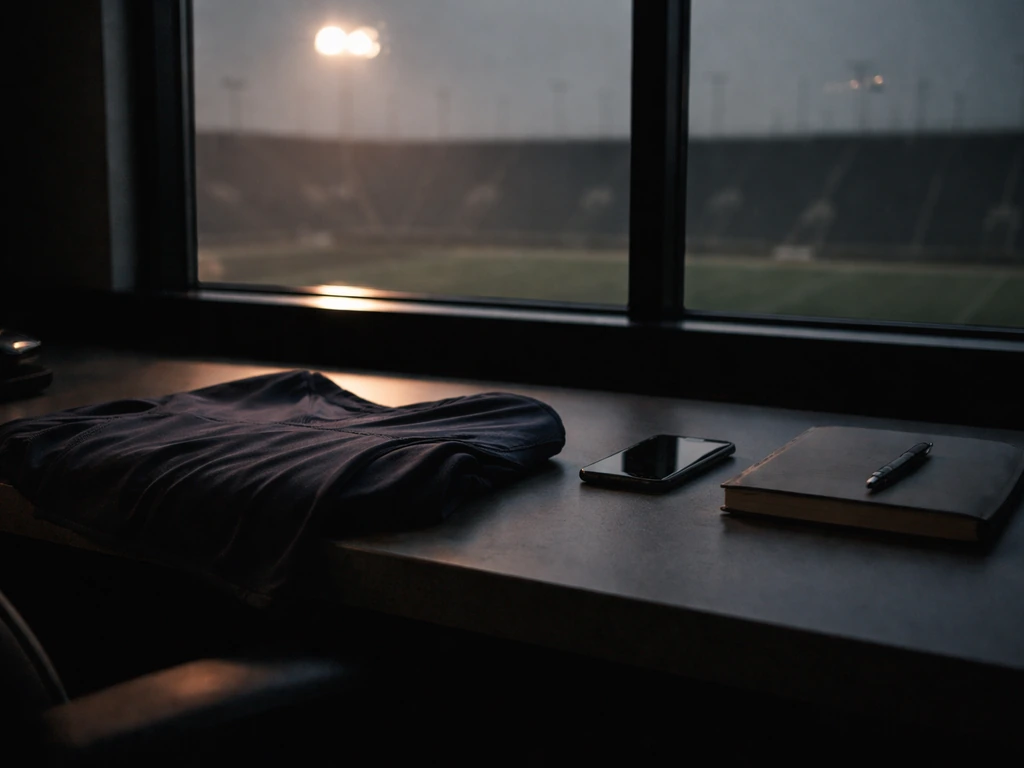 Somber football-themed workspace with a muted jersey, quiet notebook, and distant stadium lights at dusk
