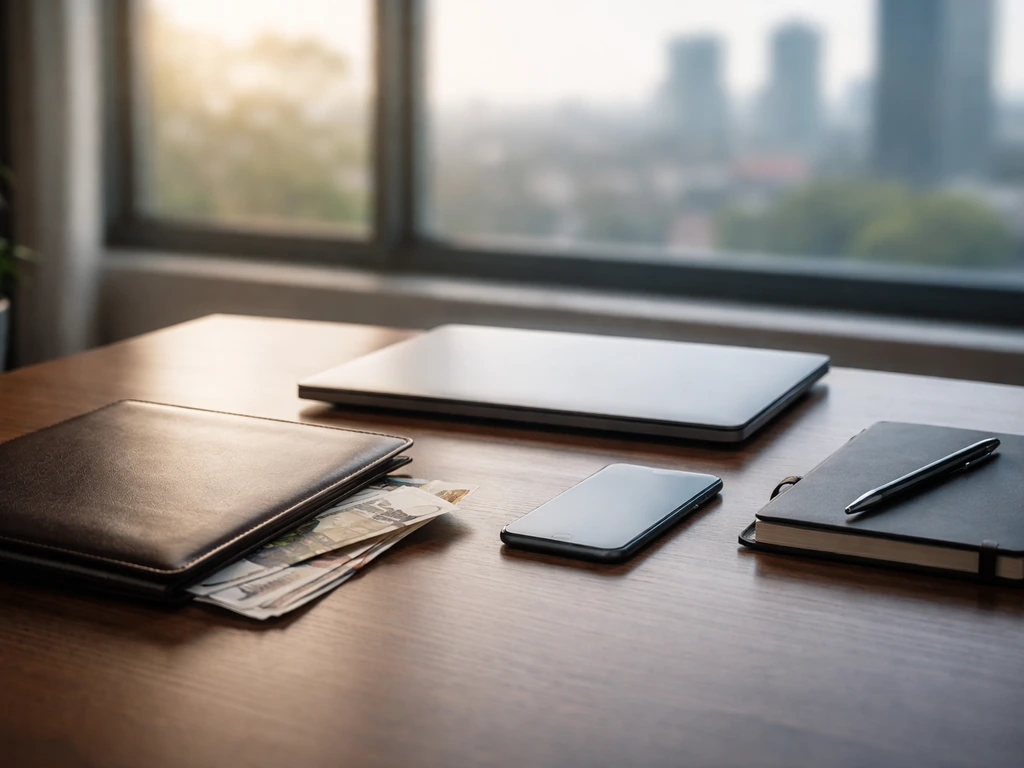 Minimal office desk with unbranded portfolio, laptop, and partially tucked Euro notes, symbolizing finance analysis