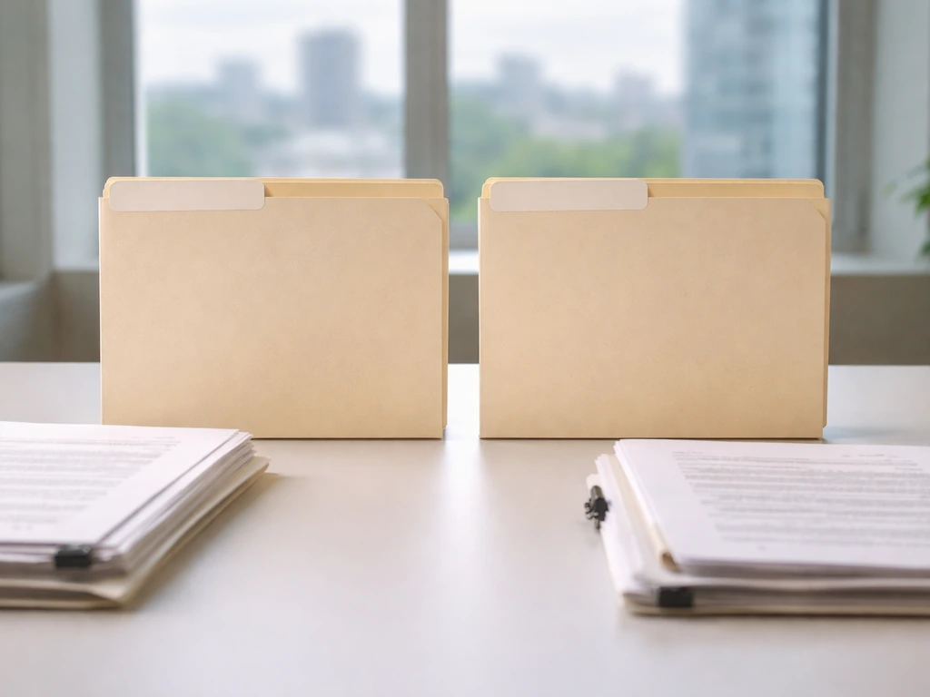 Two blank manila folders on a desk suggesting separate public records for two identities.