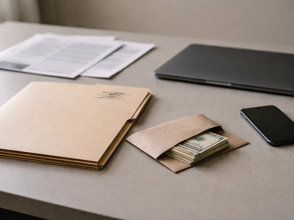 Minimal desk scene with an evidence folder, cash envelope, and blurred documents suggesting income and assets review.