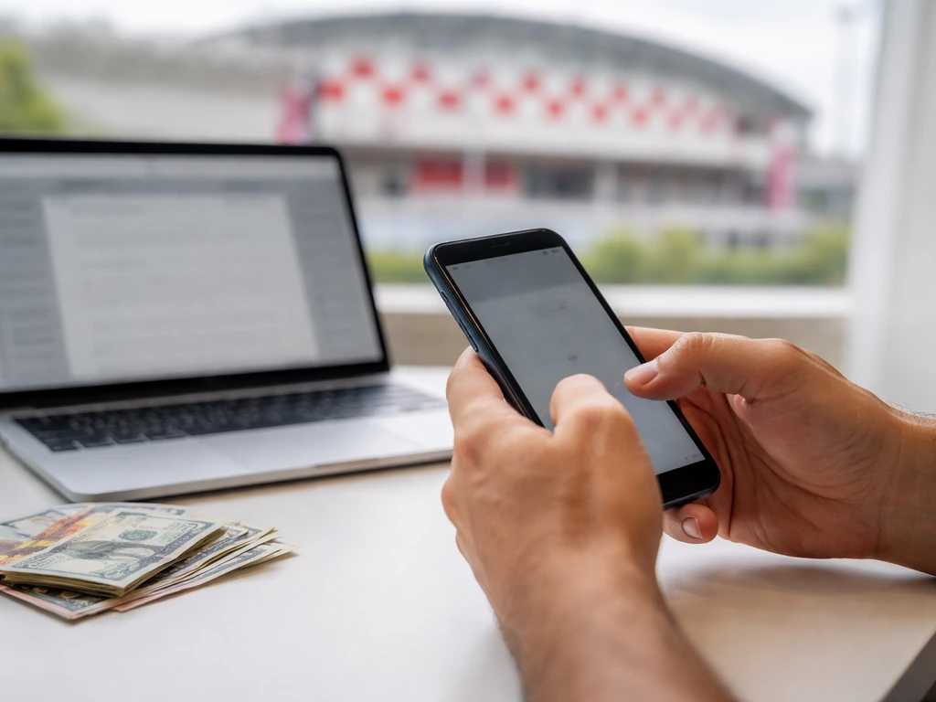 Anonymous desk scene with phone and blurred laptop beside money, suggesting verifying net worth estimates.