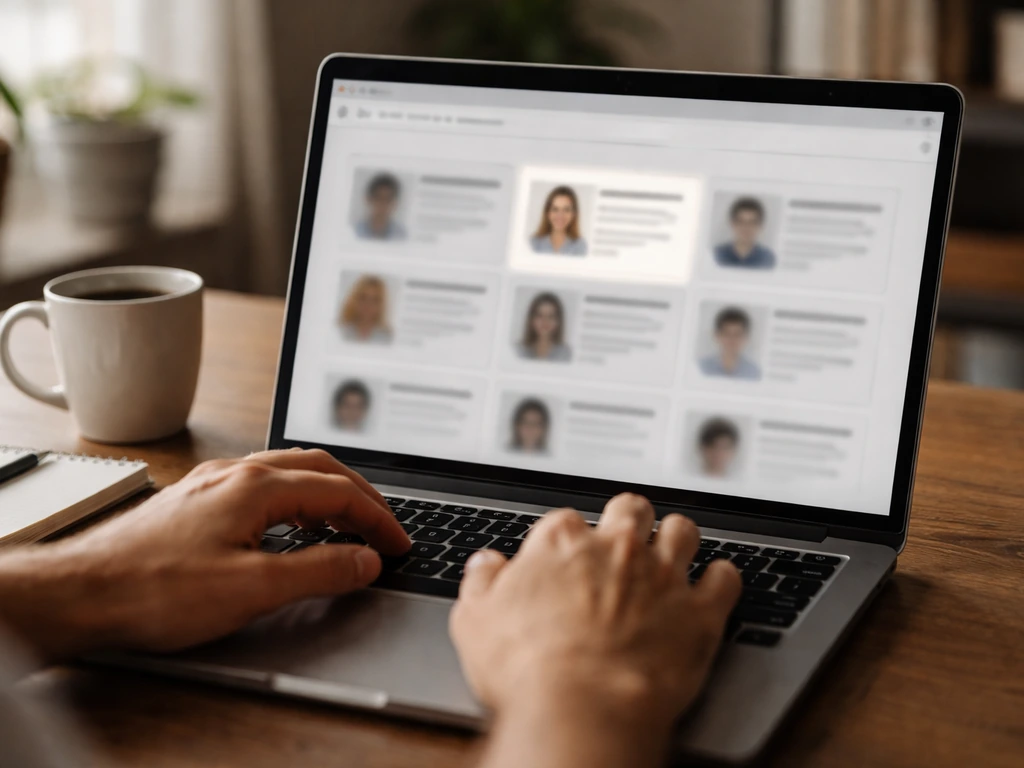 Minimal desk scene with laptop showing a blurred search-like interface for “Vlado Šarić” without readable text.
