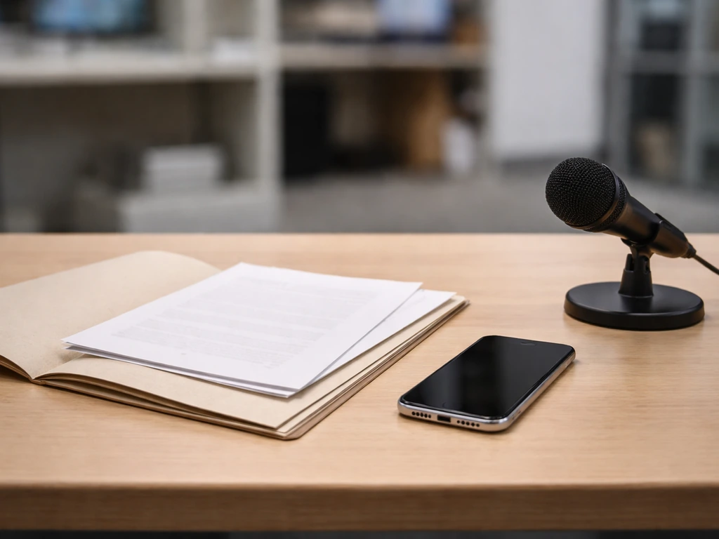 Minimal desk scene with scattered documents, a smartphone, and a blurred newsroom-style background suggesting source cre