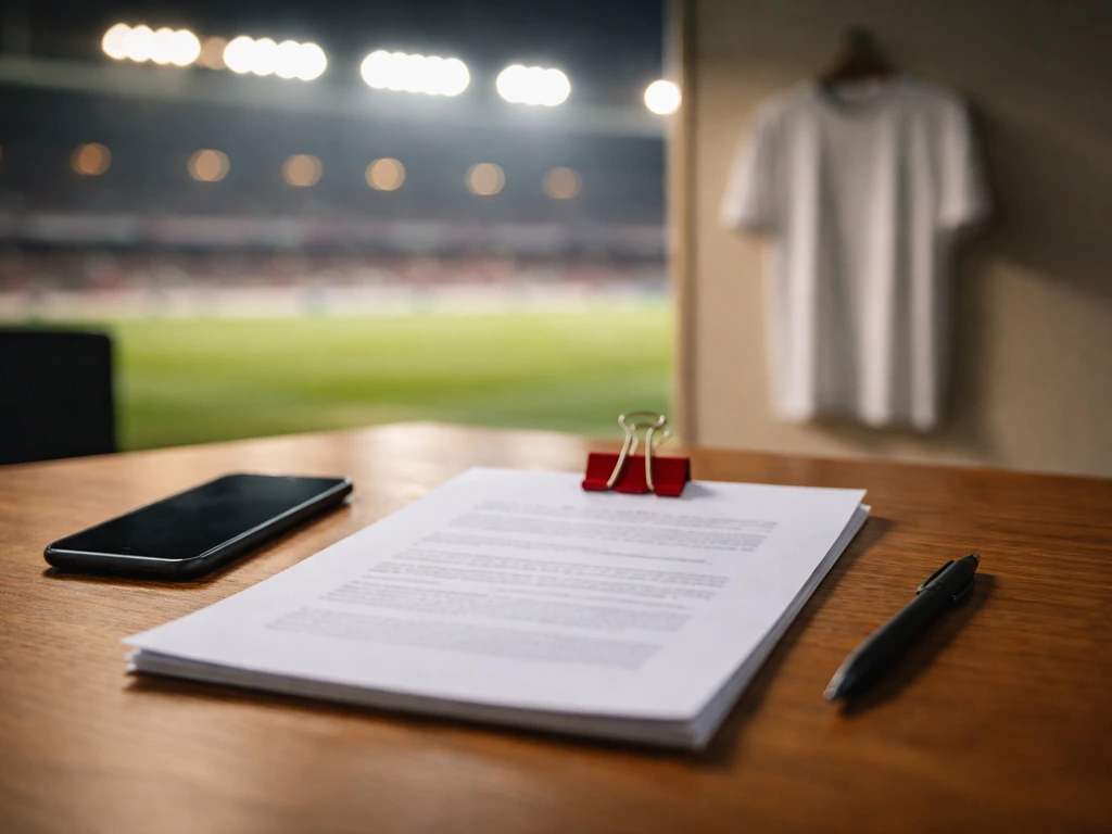 Contract page with binder clip on a desk beside a phone, with a blurred stadium and hanging football kit backdrop.