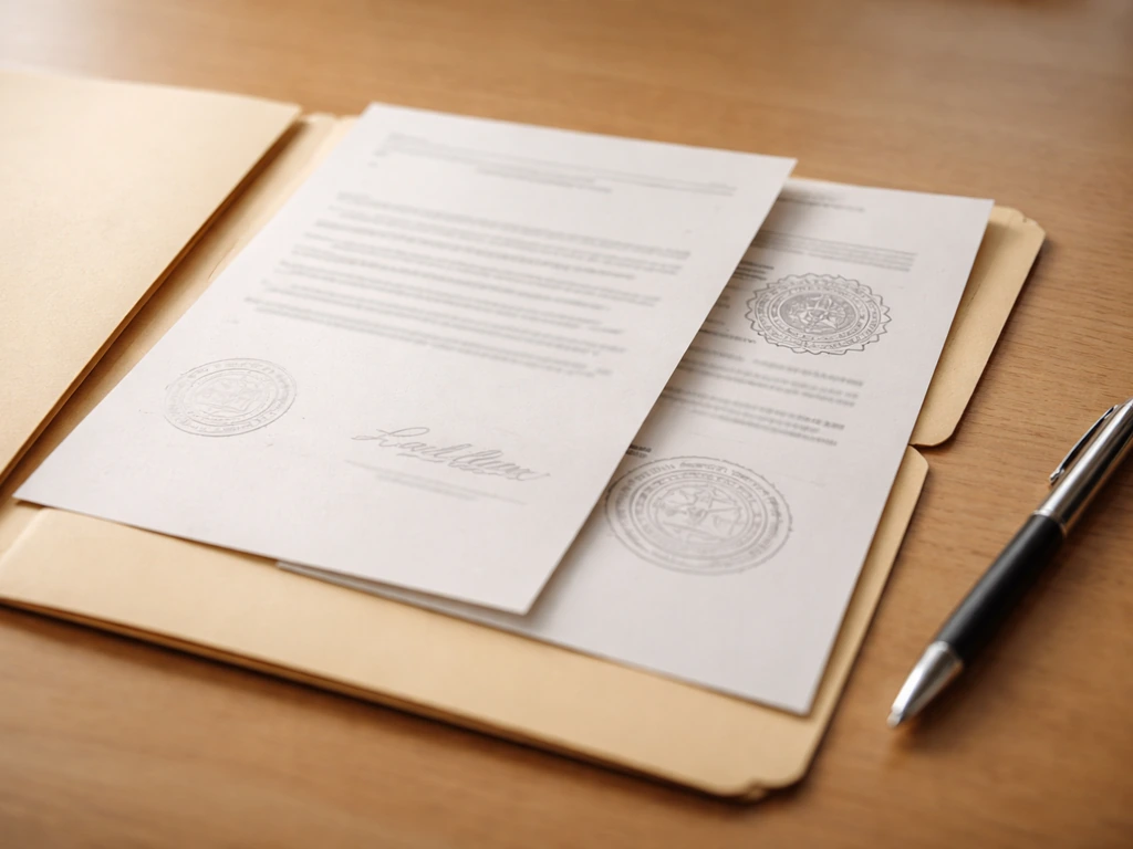 Close-up of blank mortgage and court-lien-style documents with seal impressions on a wooden desk.