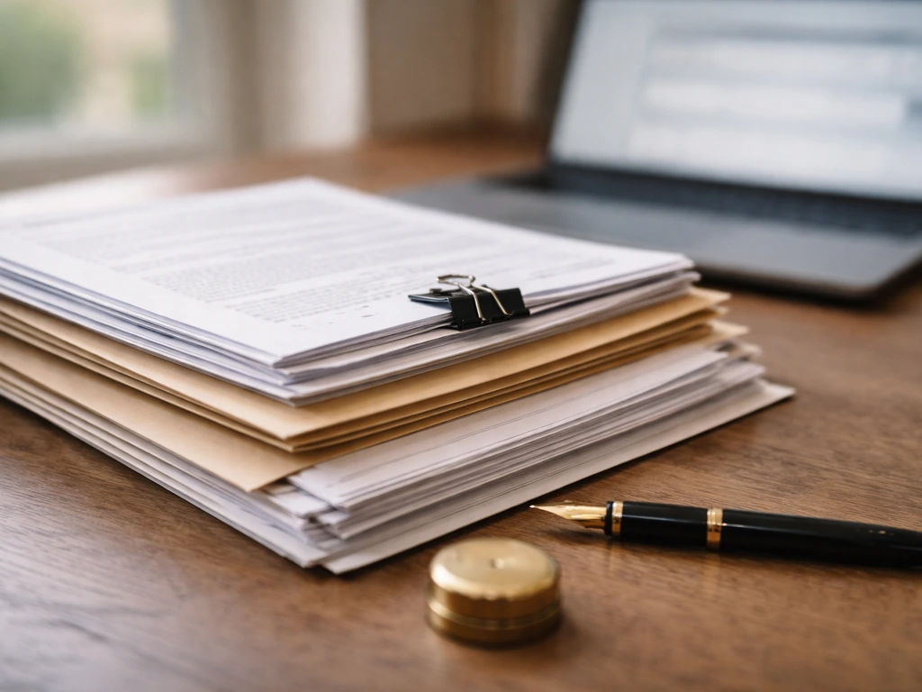 Close-up of legal documents and trademark records on a desk with a pen and paperweight.