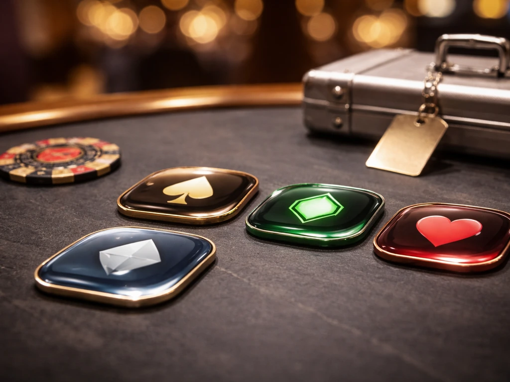 Dark table with four glossy partnership-style badges and gaming tokens, warm blurred casino lights behind