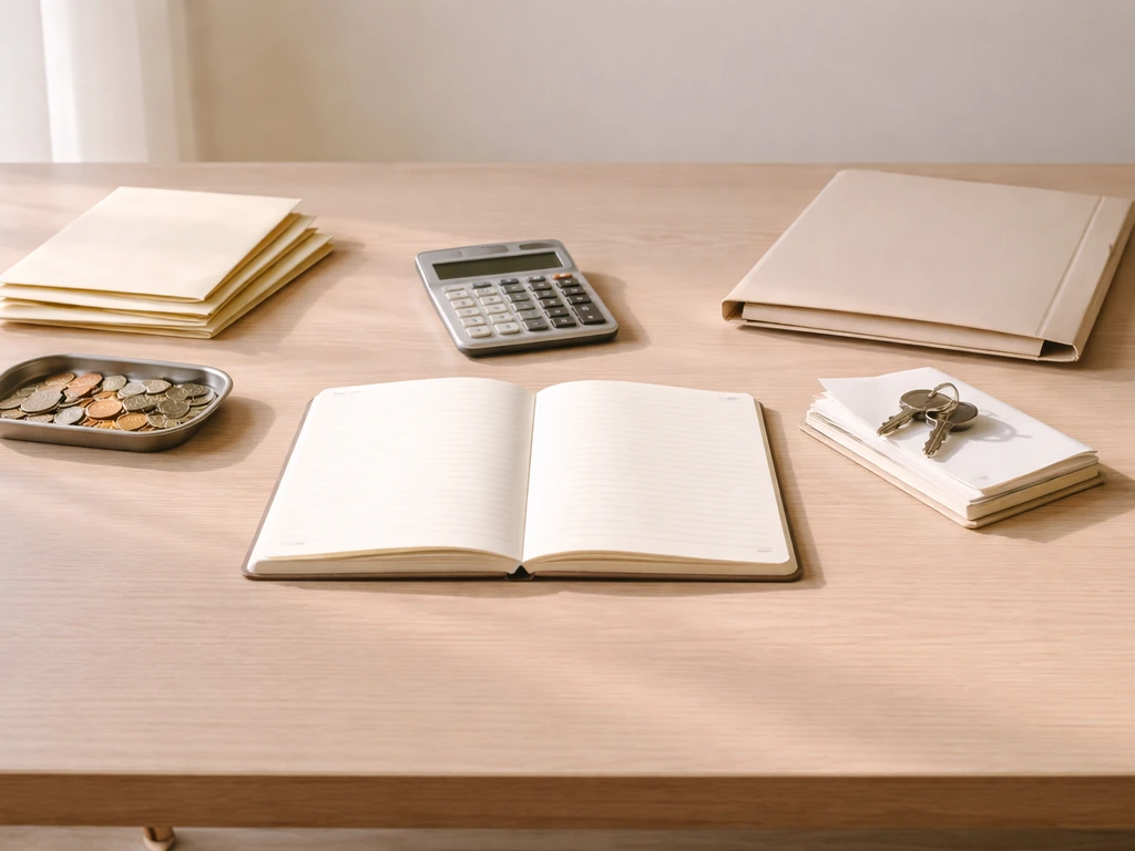 Minimal photo of a desk with a calculator and envelopes beside a notebook, symbolizing assets minus liabilities
