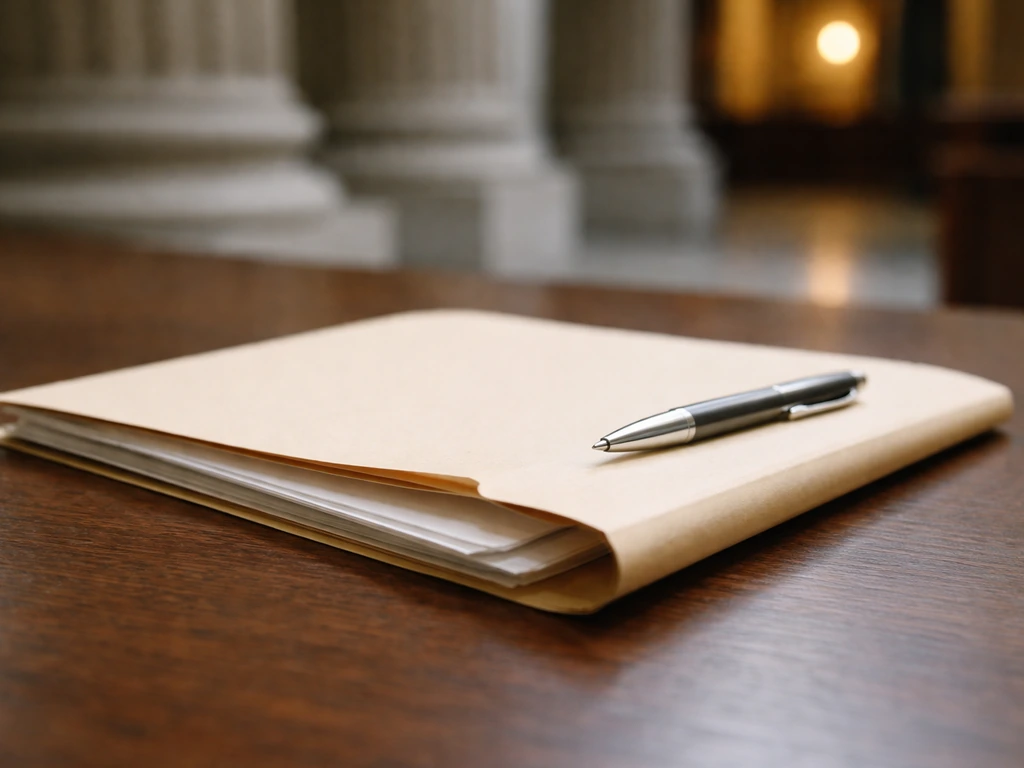 Close-up of manila court records folder and pen on a table, courthouse background blurred.