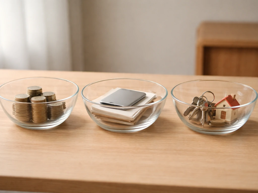 Minimal desk scene with three glass bowls symbolizing coins, documents, and asset items.