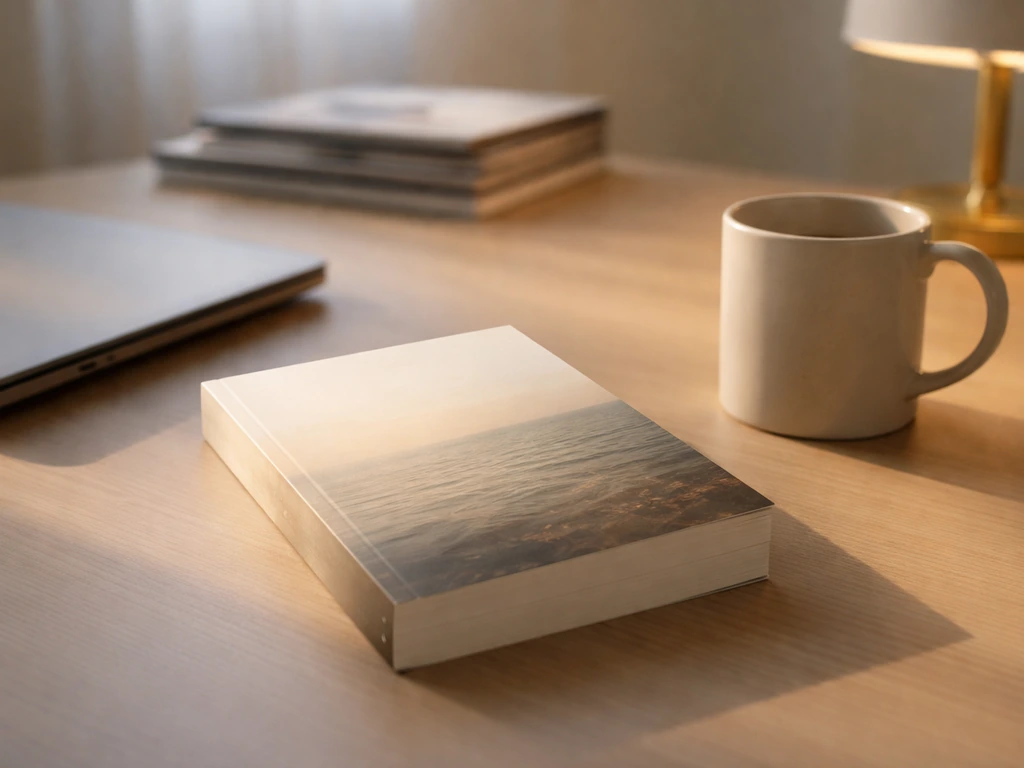 A generic memoir book on a desk with laptop and mug, softly lit, evoking media income context.