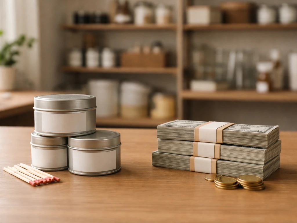 Minimal desk scene showing two contrasting stacks: candle tins for company value and cash/coins for owner wealth.