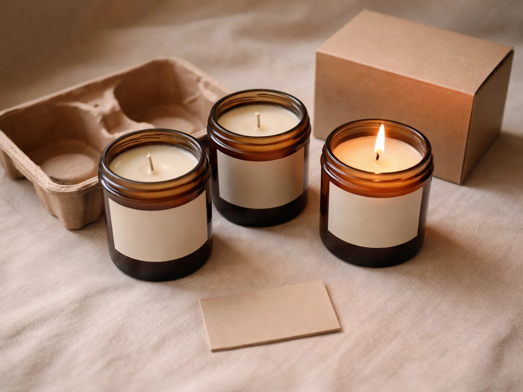 Close-up of premium candle jars with blank price-tag and packaging inserts on a beige surface.