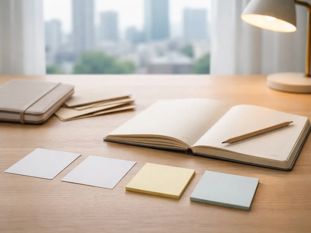 Minimal desk with notebook, pencil, blank cards and envelopes suggesting scenario-based finance analysis.