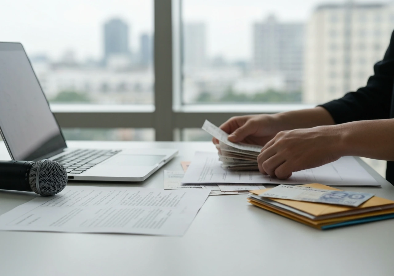 Hands sorting receipts on a studio desk with envelopes and a microphone, symbolizing varying income estimates.