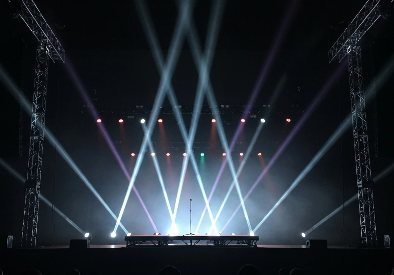 Empty concert stage with colorful spotlights and light haze from the 2010 Glam Nation Tour