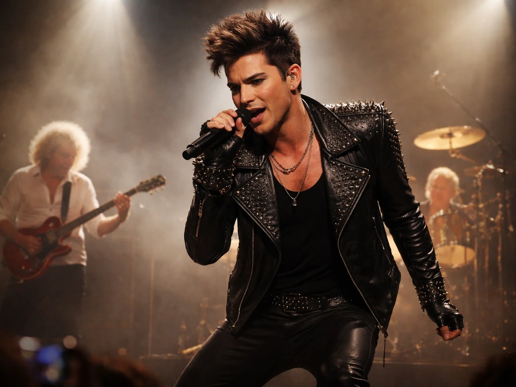 Adam Lambert singing with Queen on stage under warm concert lights, with band members behind him.