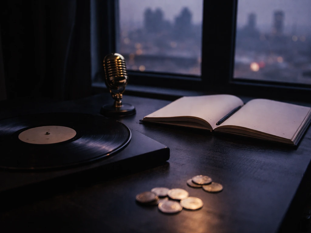 Moody goth desk scene with vinyl, microphone, dusk skyline glow, and coins symbolizing music wealth