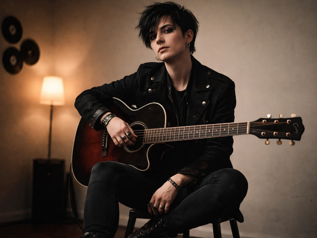 Indie rock musician in a dark studio with a guitar, moody goth vibe, soft natural light