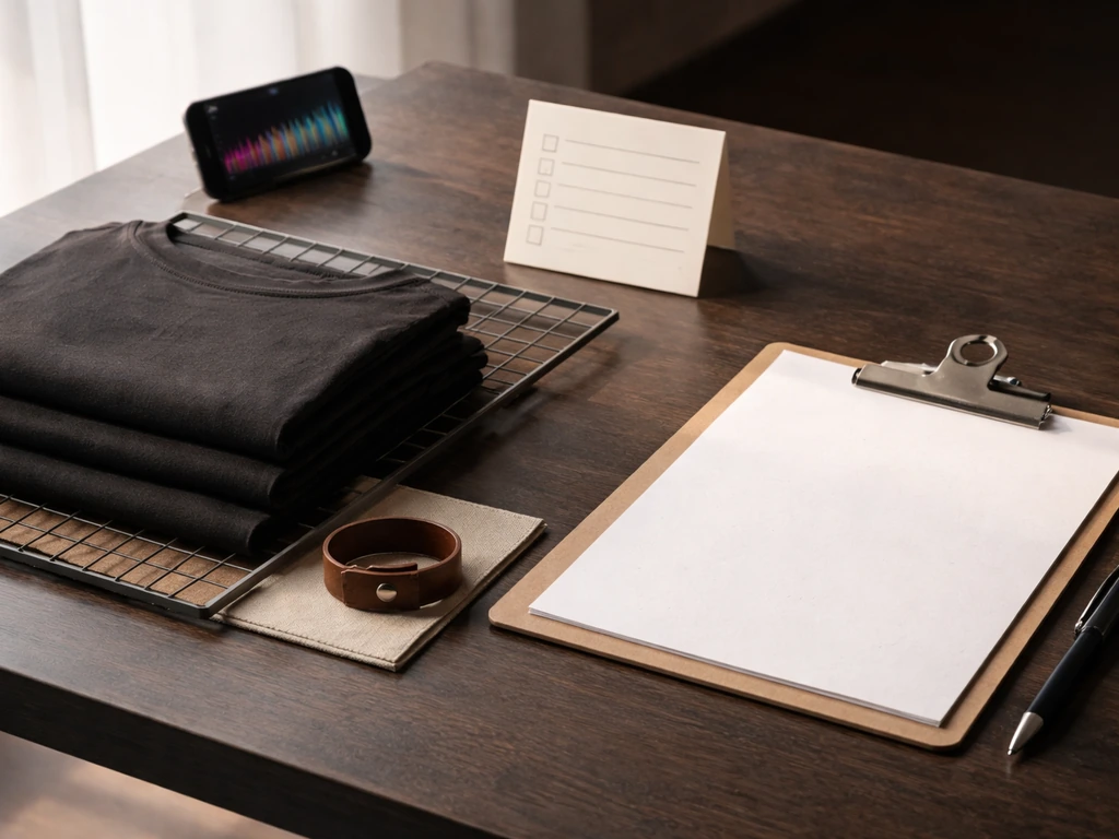 Minimal still-life of a smartphone, blank checklist, folded band merch, and a blank contract folder on a dark table.