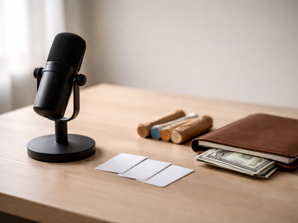 Minimal studio desk with a microphone and scattered cash-like props, suggesting earnings factors affecting estimates.