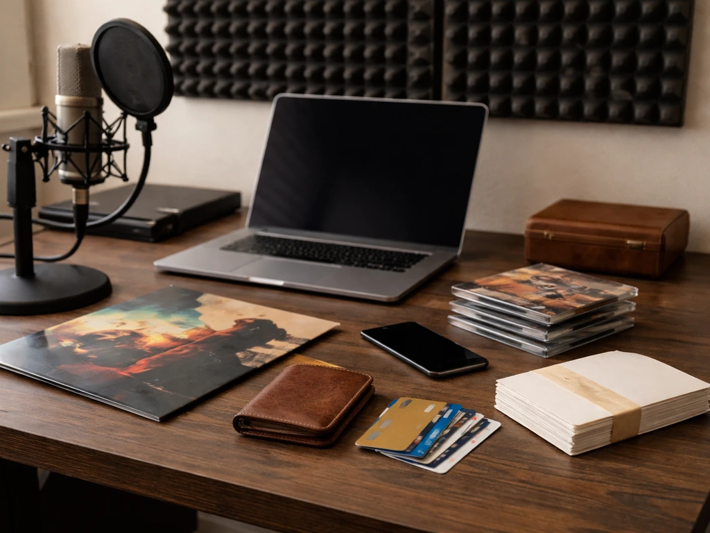 Minimal studio desk scene with microphone, music media, and money-related items suggesting net-worth clues.