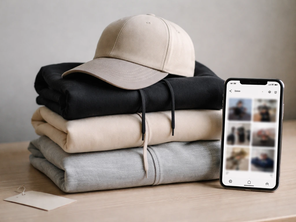 Stacked streetwear merch on a table beside a smartphone showing a blurred social media post layout.