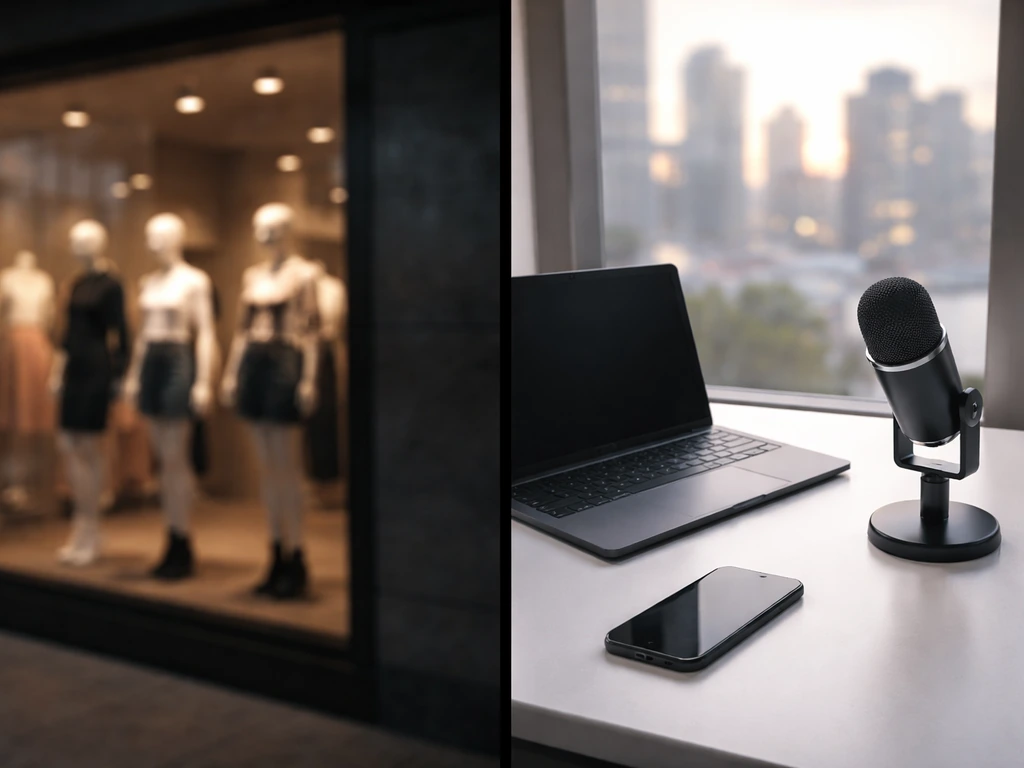 Minimal split scene: blurred fashion storefront on one side and anonymous finance studio desk on the other.