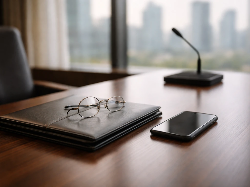 Minimal office desk with portfolio, phone, and microphone base, symbolic of business ownership coverage.