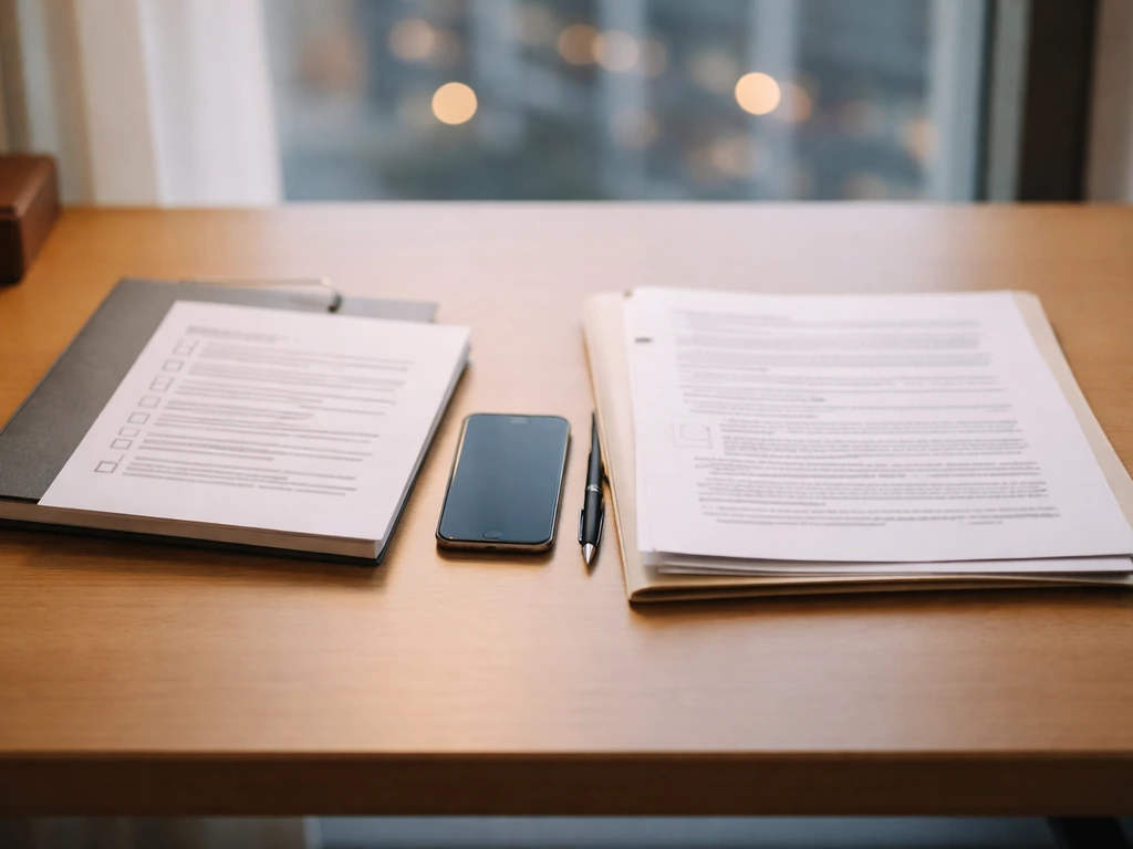 Minimal desk scene with filing documents and paperwork laid out for verifying net worth figures.
