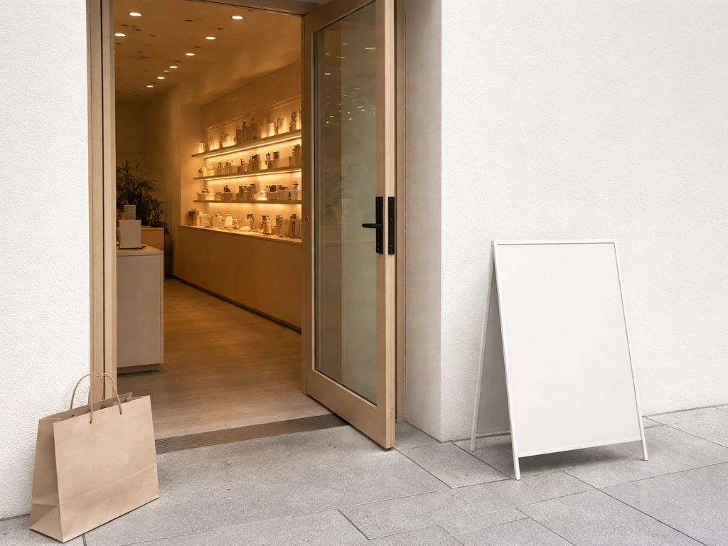 Minimal beauty retail storefront entrance with warm light and a shopping bag, no readable signage.