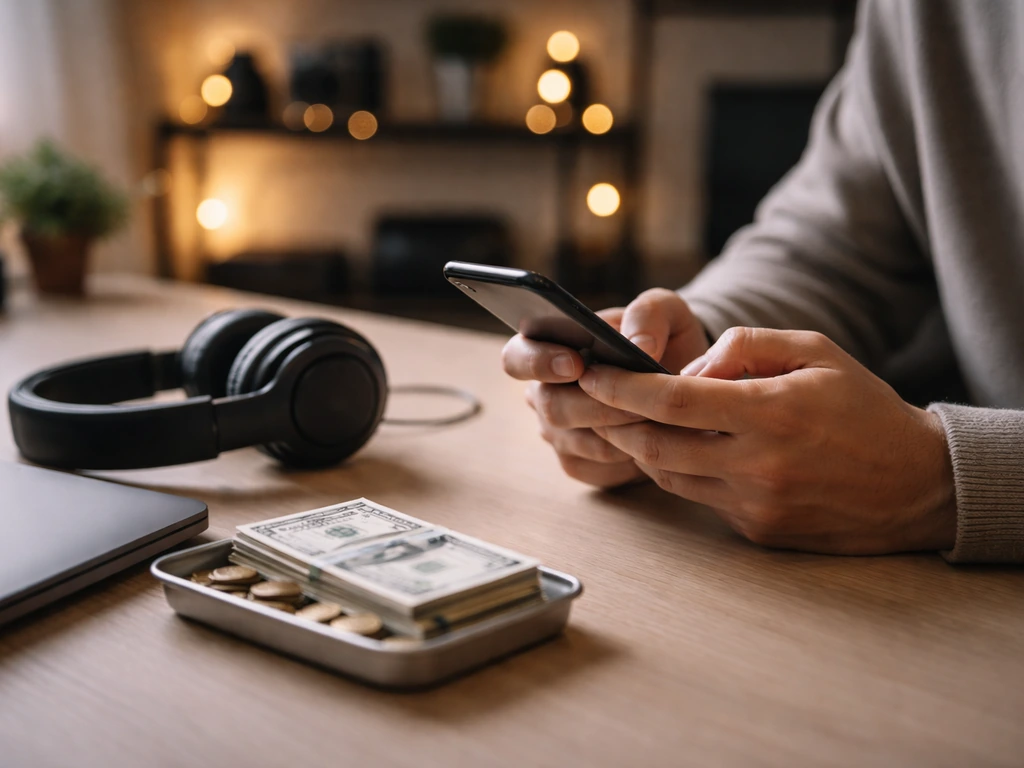 A minimalist music creator workspace with cash, headphones, and a smartphone showing a generic content feed