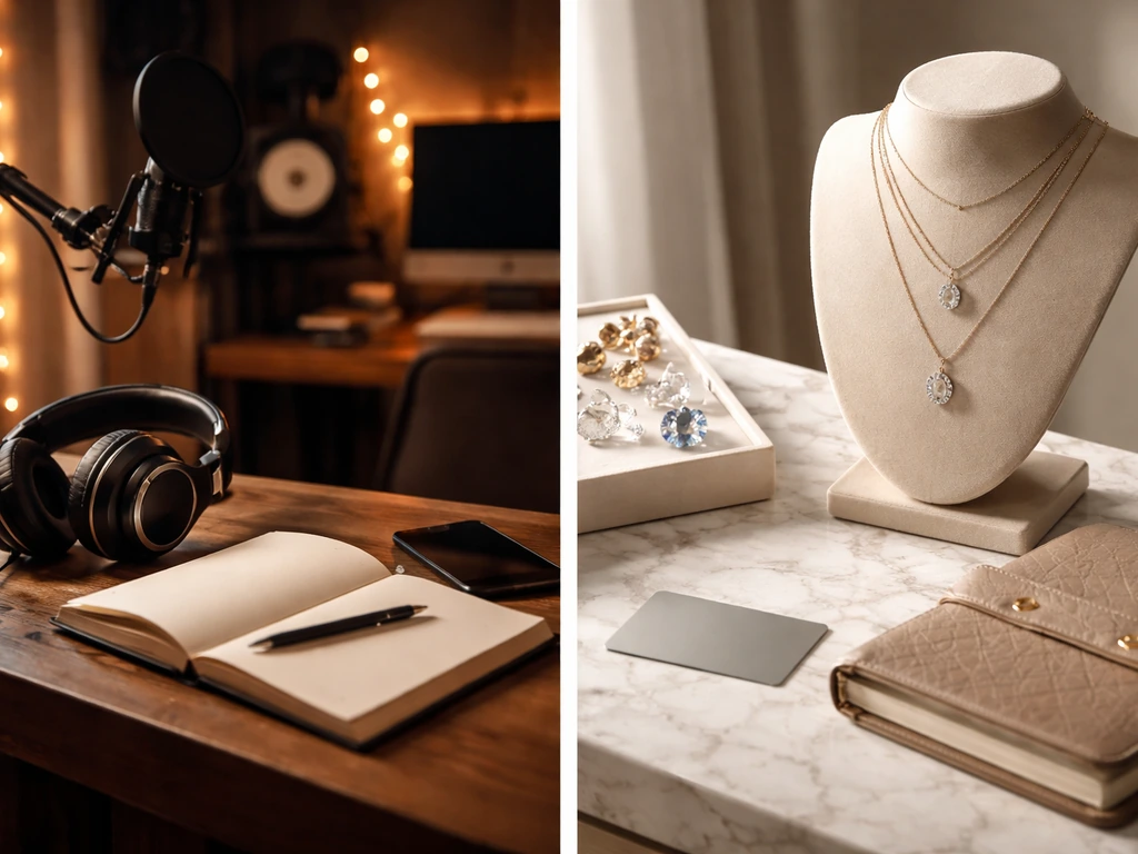 Split photo: studio microphone and headphones on the left, gemstones and luxury items on the right.