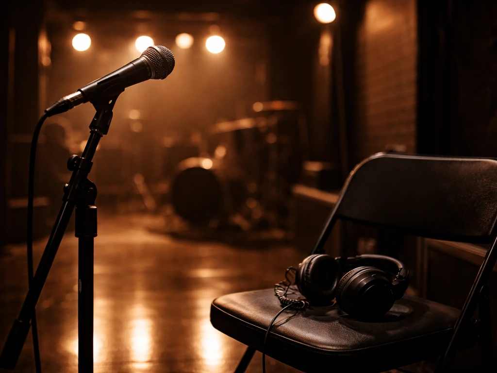 Empty microphone and headphones in a dim live venue, hinting at recording and performance.