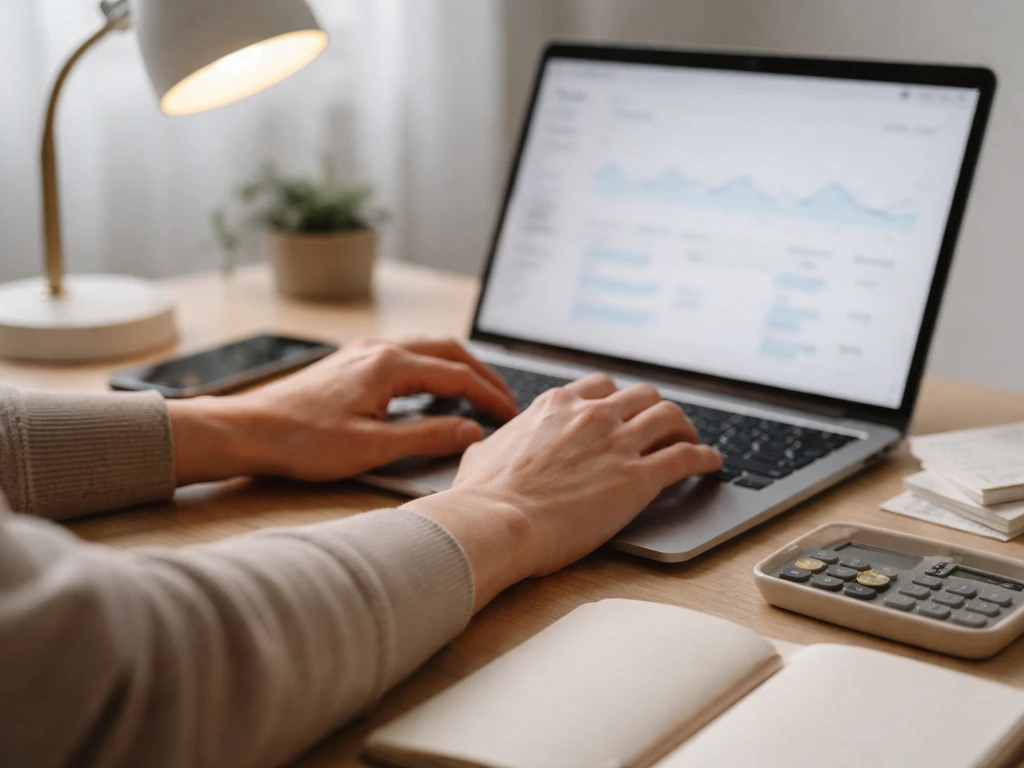 Hands working at a desk with a laptop and coins, suggesting analytics-driven earnings estimates.