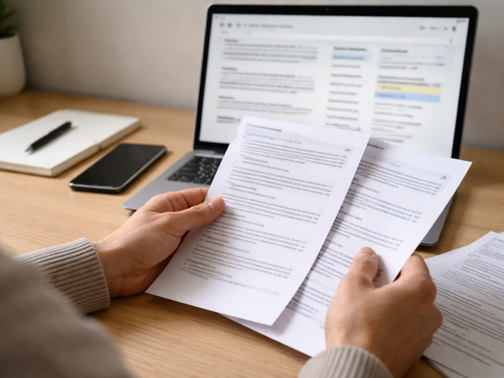 Hands comparing financial documents beside a laptop showing search results and timestamps, no readable text