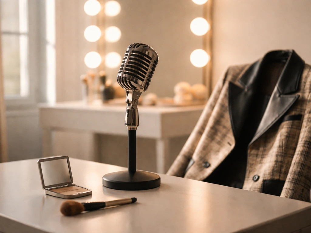 Fashion-forward studio setup with a vintage microphone, glamorous makeup lights, and an elegant jacket on a chair