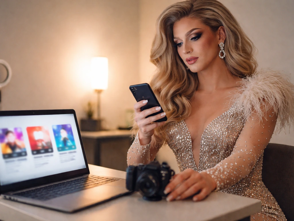 Drag performer at a desk with a phone and muted social-style thumbnails suggesting multiple platforms