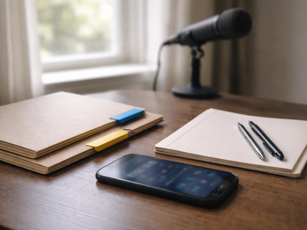 Desk with folders, pens, and a blurred phone showing finance context for comparing net worth estimates responsibly.