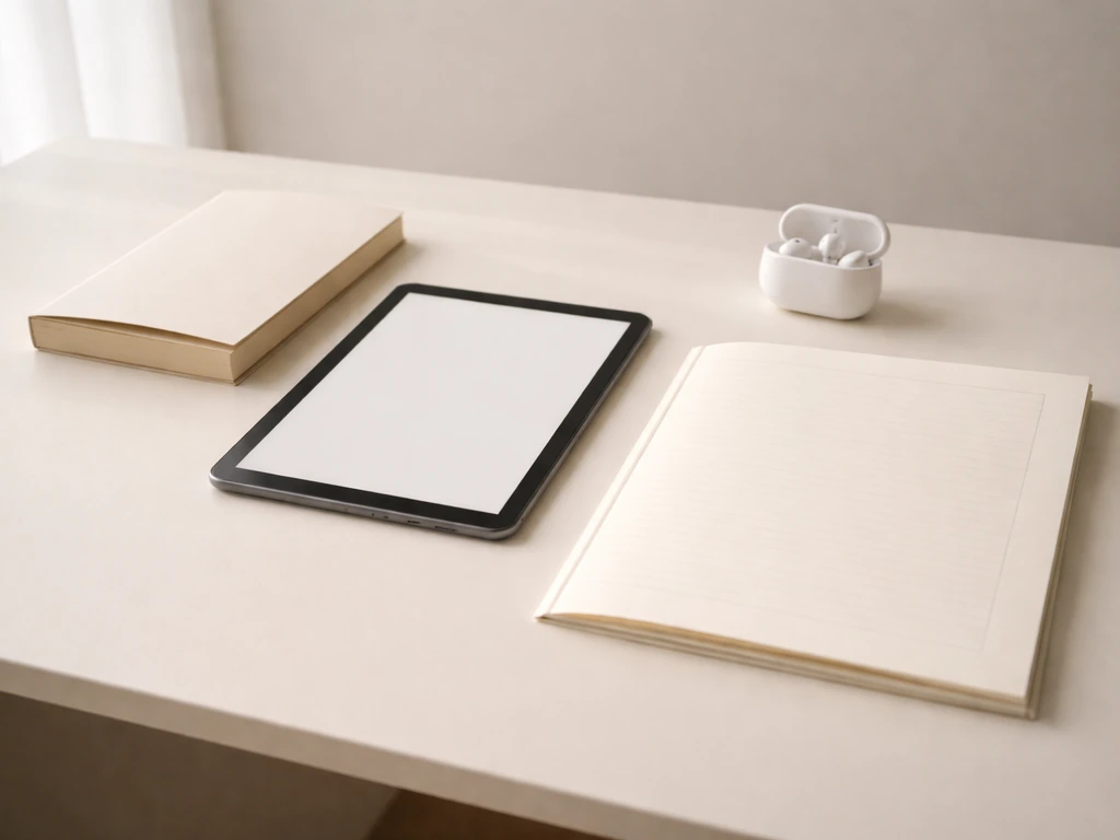 Minimal desk scene with generic book, tablet, audio device, and blank royalty-statement folder.