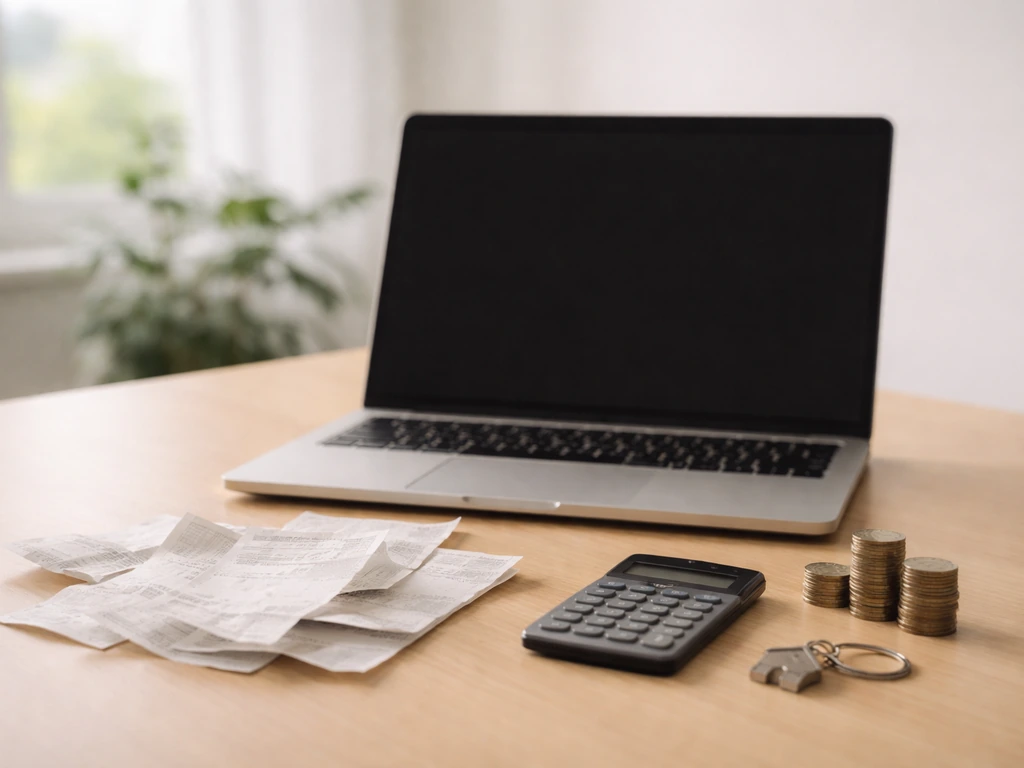 Close-up of a laptop with scattered financial receipts beside a calculator, suggesting conflicting net-worth estimates.