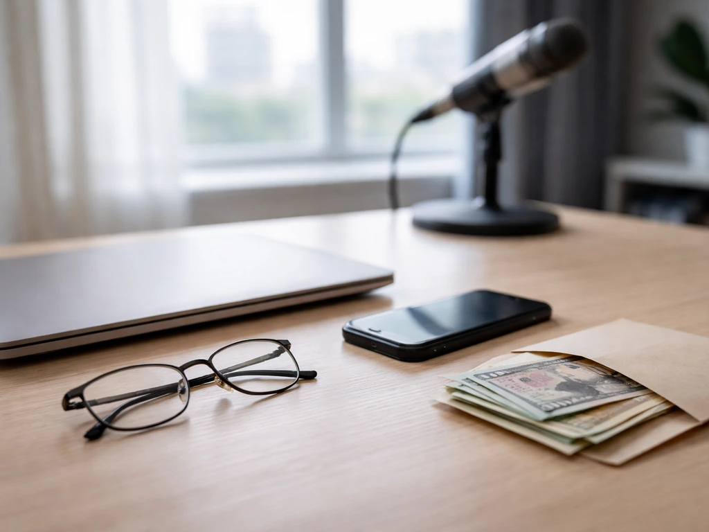 Minimal photo of a tidy desk with a laptop and cash-free financial vibe, suggesting a net worth estimate context.